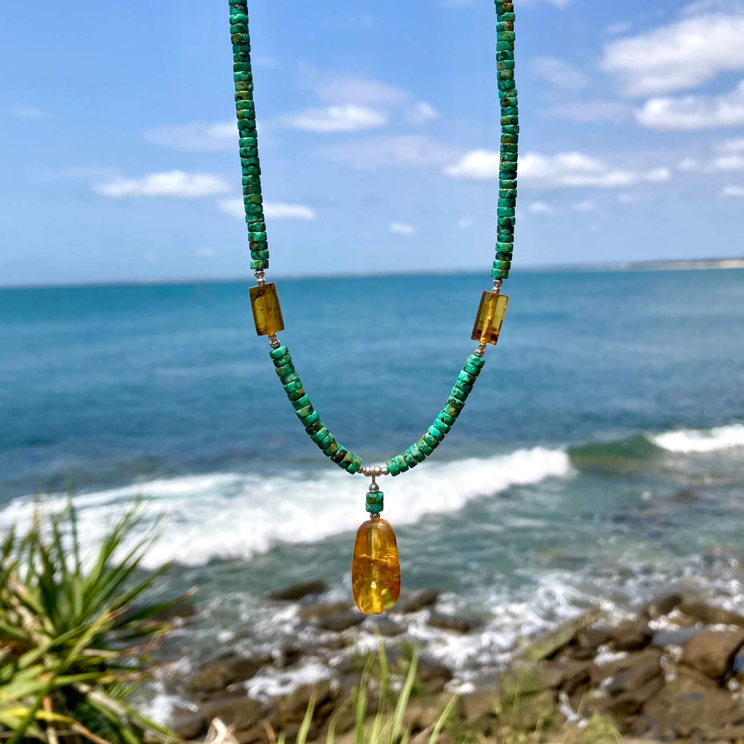 African Turquoise & Amber Pendant Necklace