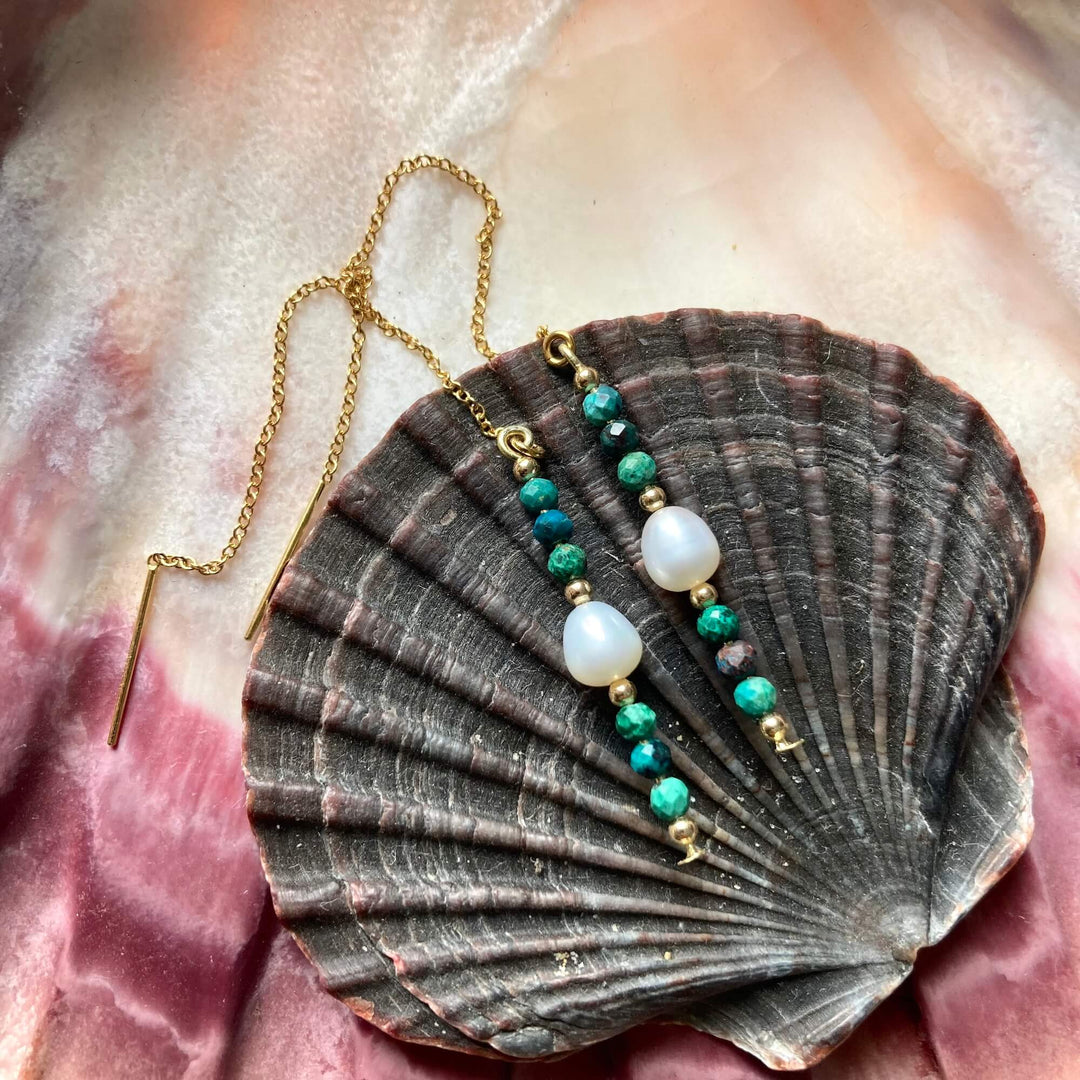 Golden Azurite & Pearl Thread Earrings
