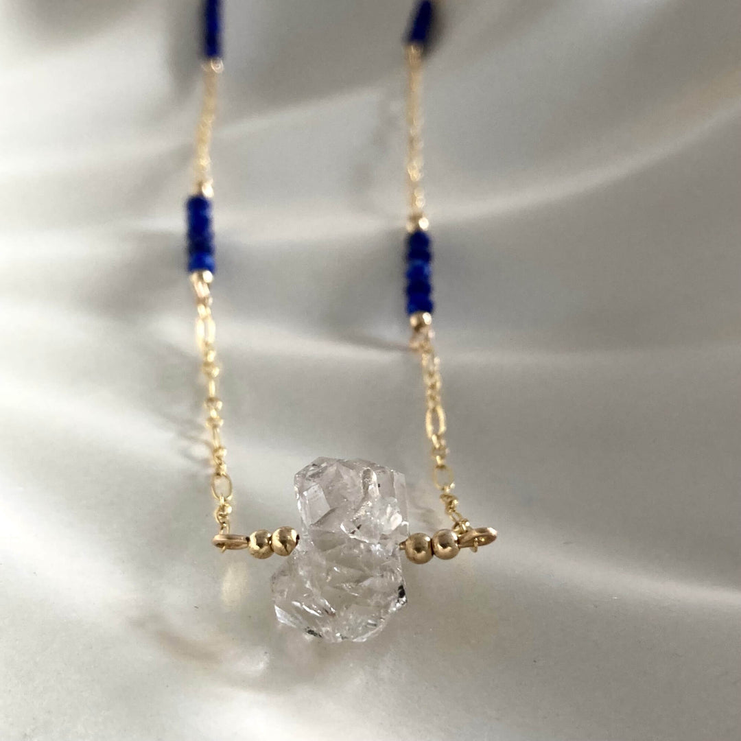 Golden Herkimer Diamond and Lapis Lazuli Chain Necklace