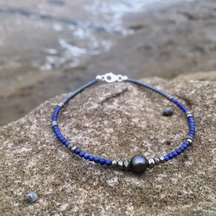 Ladies Lapis Lazuli, Pyrite & Black Pearl Anklet