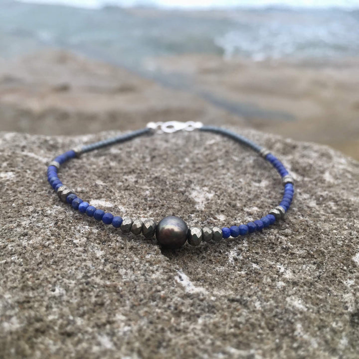 Lapis Lazuli, Pyrite & Black Pearl Anklet