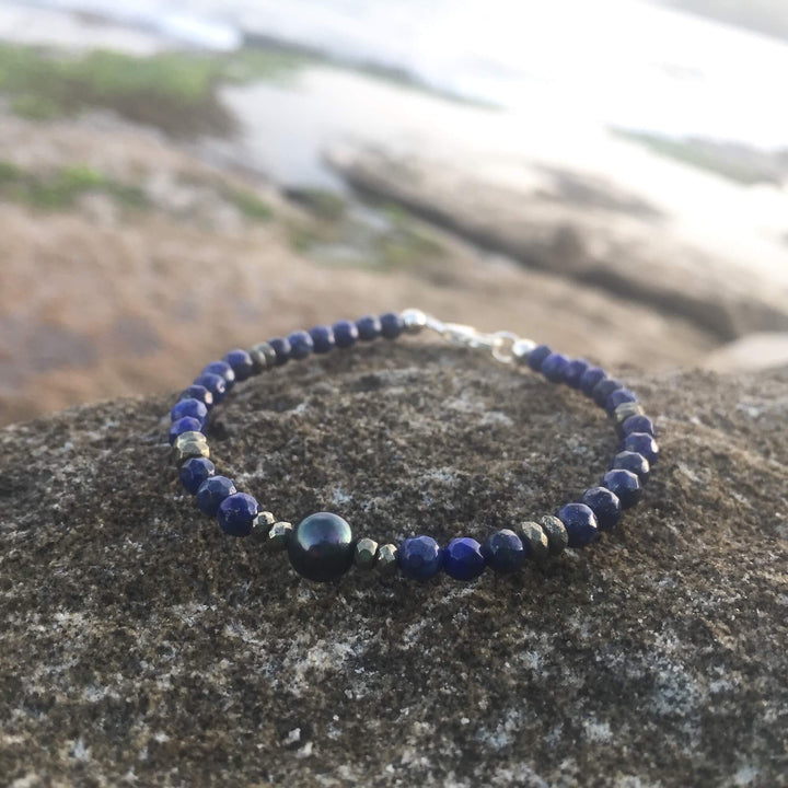 Lapis Lazuli, Pyrite & Black Pearl Bracelet