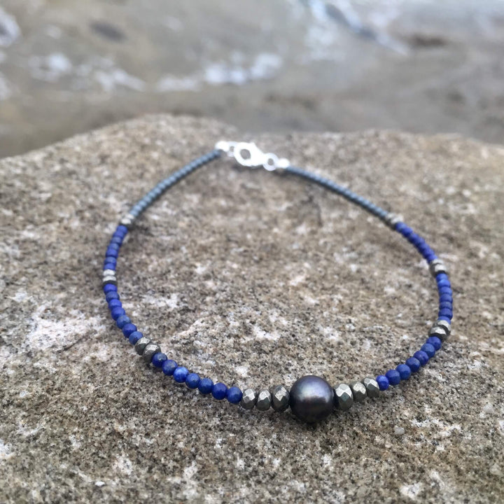 Lapis Lazuli, Pyrite & Black Pearl Anklet