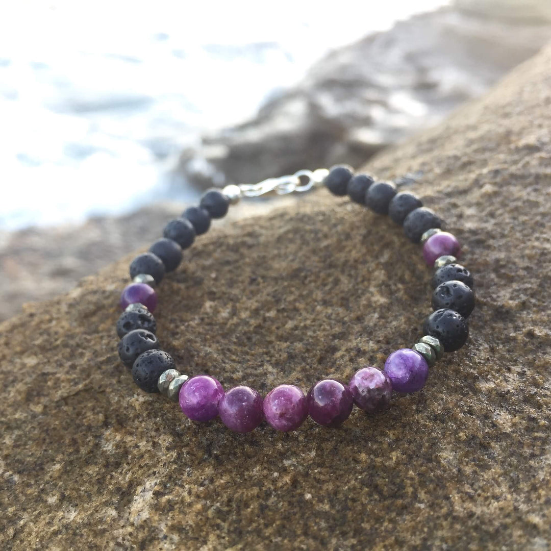Lepidolite, Pyrite & Lava Bead Diffuser Bracelet Hand Beaded by House of Aloha Central Coast NSW Australia