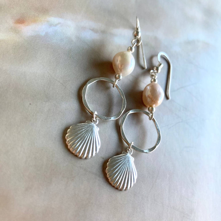 Pearl & sterling silver shell hoop earrings for healing