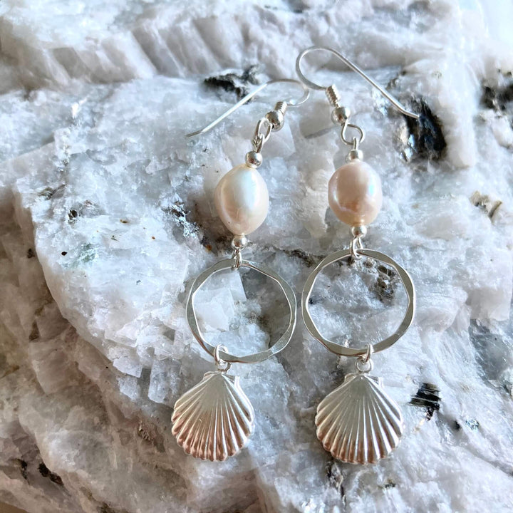 Pearl & sterling silver shell hoop earrings for healing