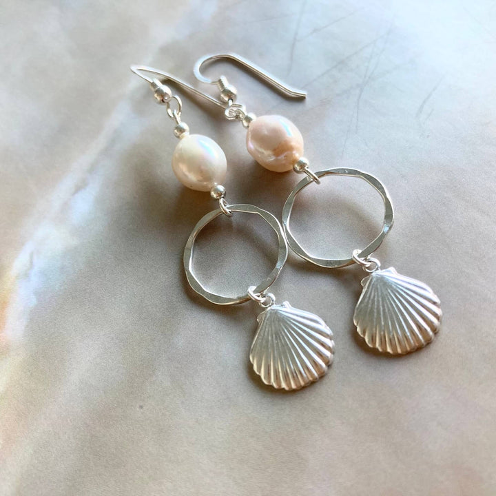 Pearl & sterling silver shell hoop earrings