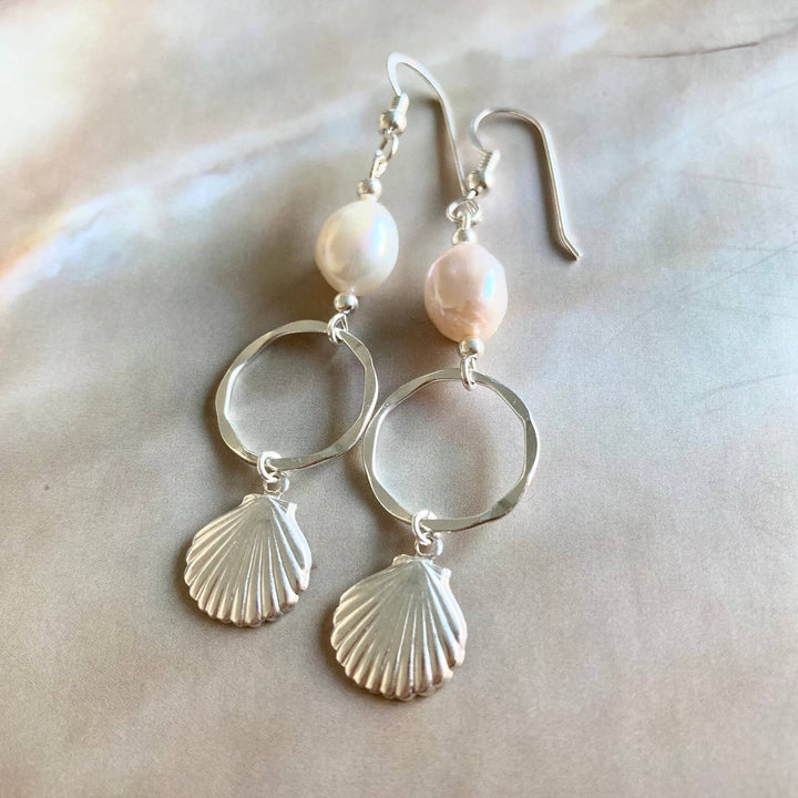 Pearl & sterling silver shell healing hoop earrings