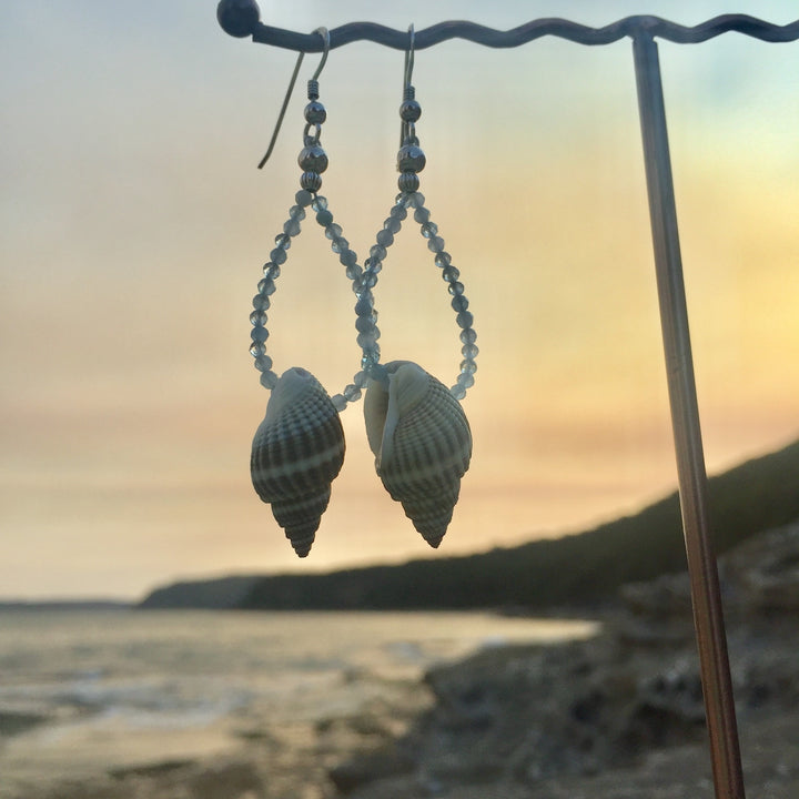 ladies Aquamarine and shell drop earrings