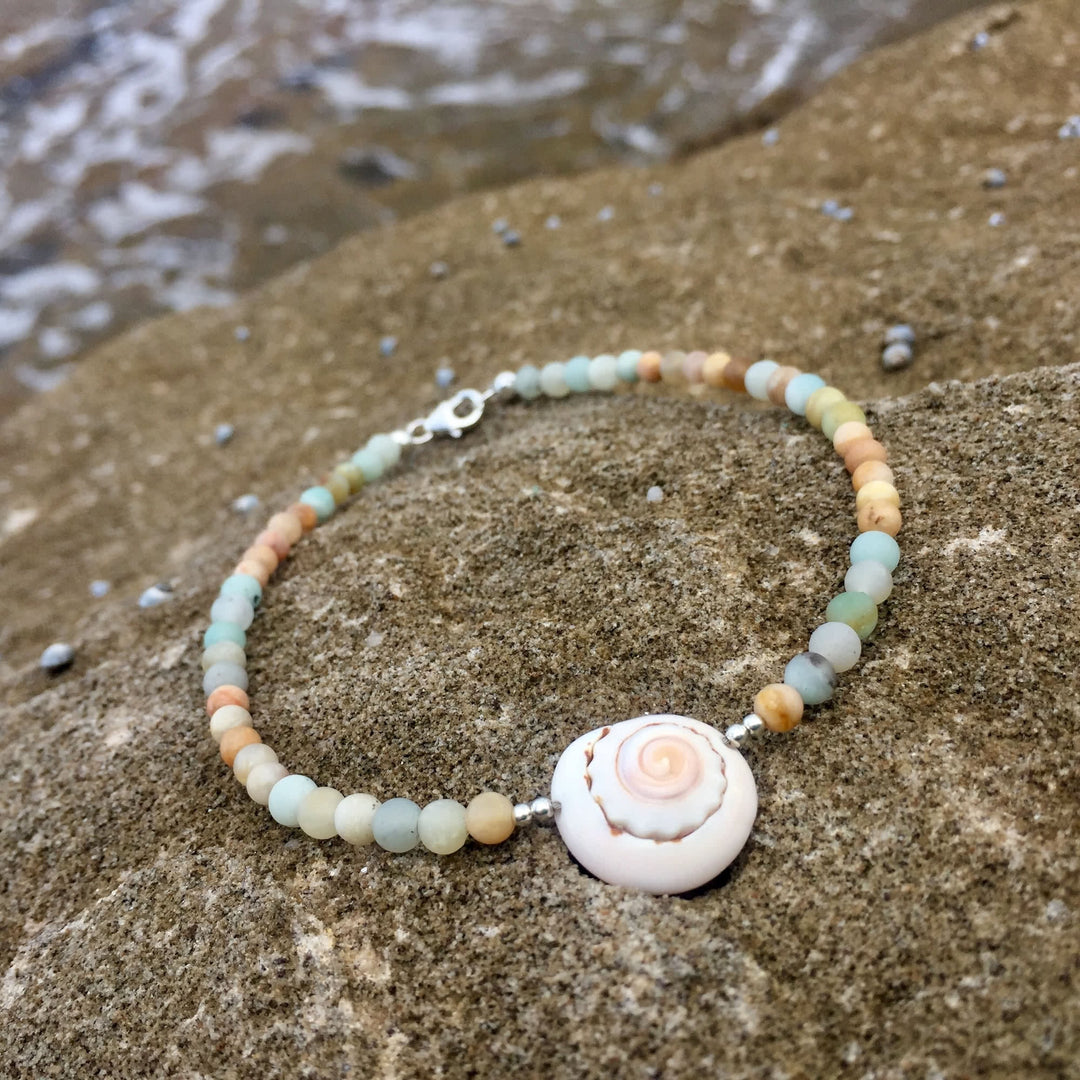 shell, amazonite and sunstone anklet