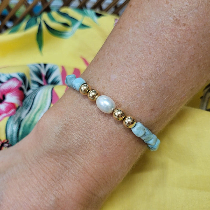 Atlantis Larimar & Pearl Gold Bracelet worn by happy customer created by House of Aloha