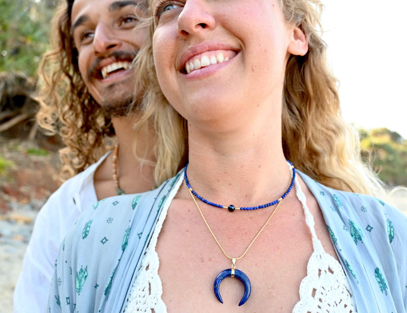 Lapis Lazuli And Gold Crescent Moon Pendant Necklace
