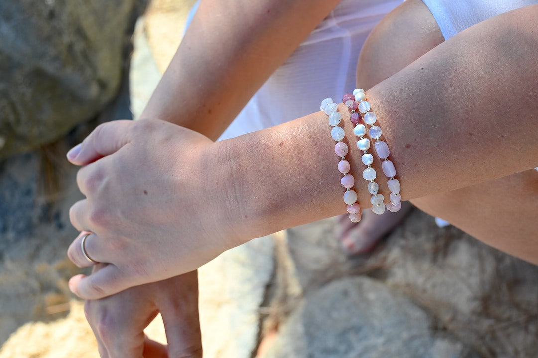 One Of A Kind Moonstone & Pink Opal Gold Bracelet