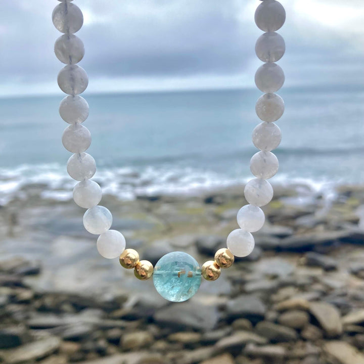 One Of A Kind Atlantis Aquamarine & Moonstone Gold Necklace