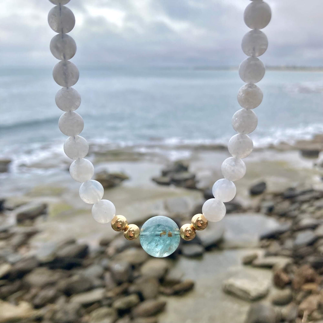One Of A Kind Atlantis Aquamarine & Moonstone Gold Necklace