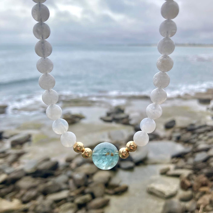 One Of A Kind Atlantis Aquamarine & Moonstone Gold Necklace