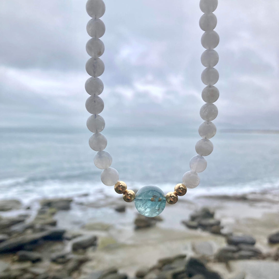 One Of A Kind Atlantis Aquamarine & Moonstone Gold Necklace