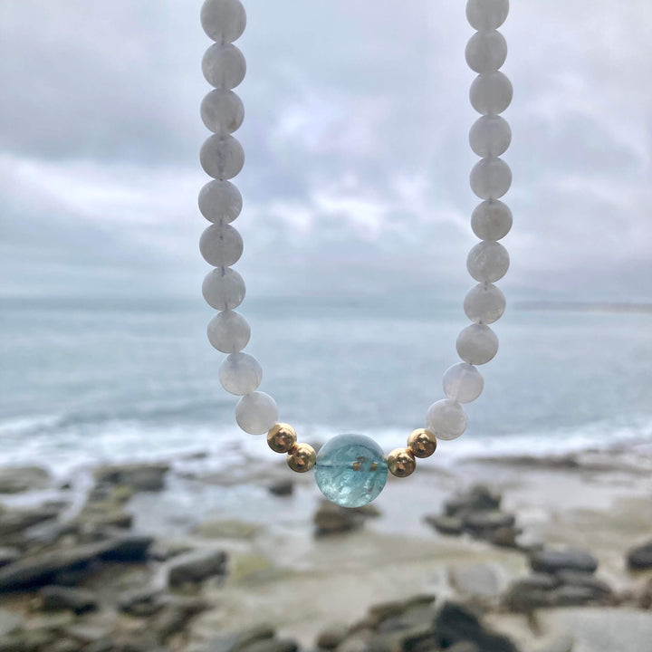 One Of A Kind Atlantis Aquamarine & Moonstone Gold Necklace