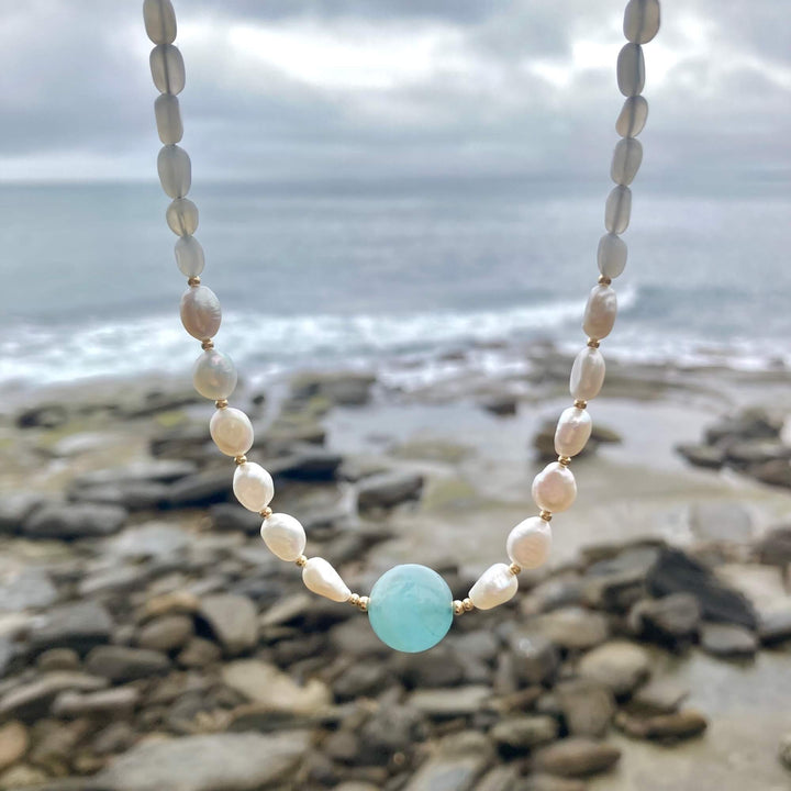 One Of A Kind Atlantis Aquamarine, Moonstone & Pearl Gold Necklace