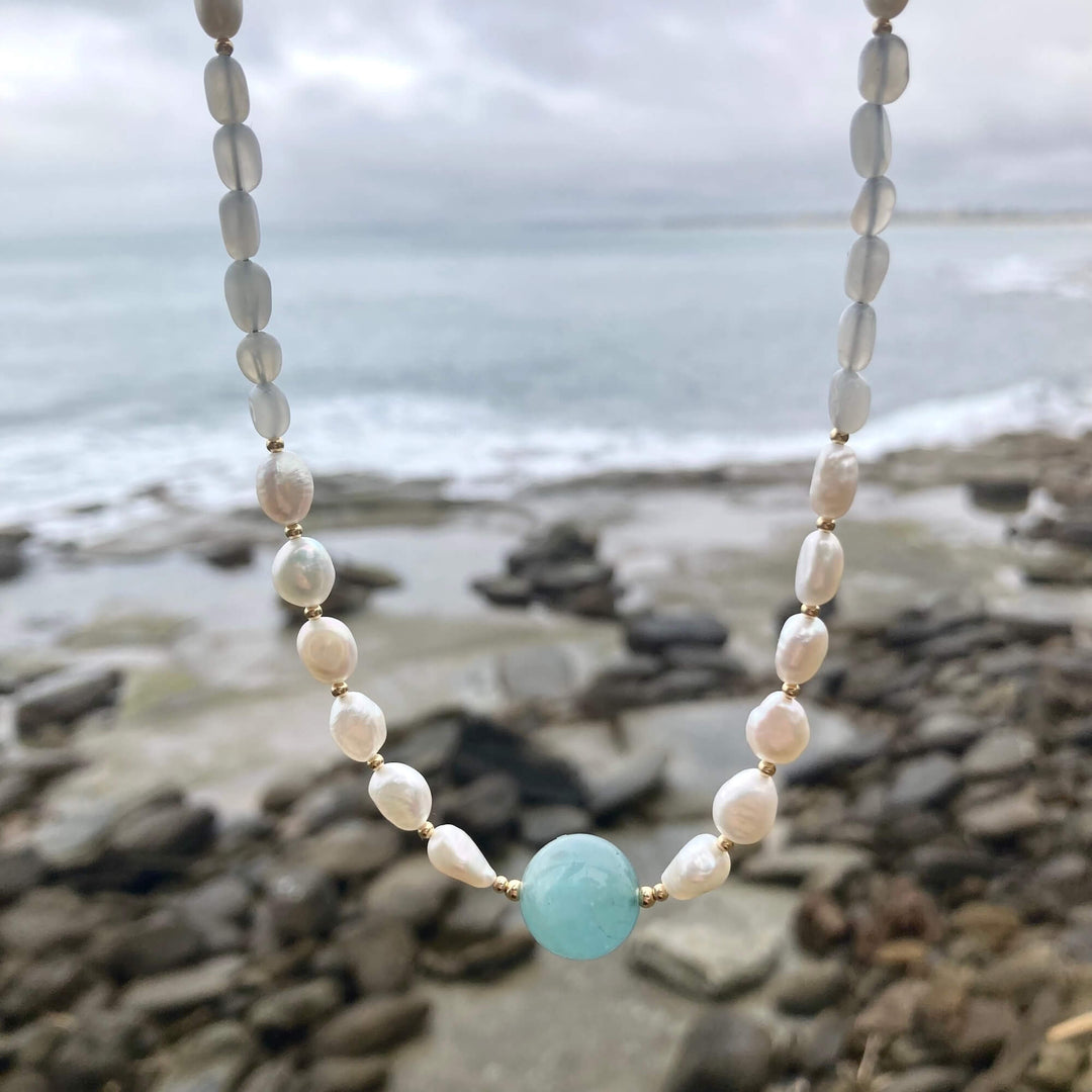 One Of A Kind Atlantis Aquamarine, Moonstone & Pearl Gold Necklace