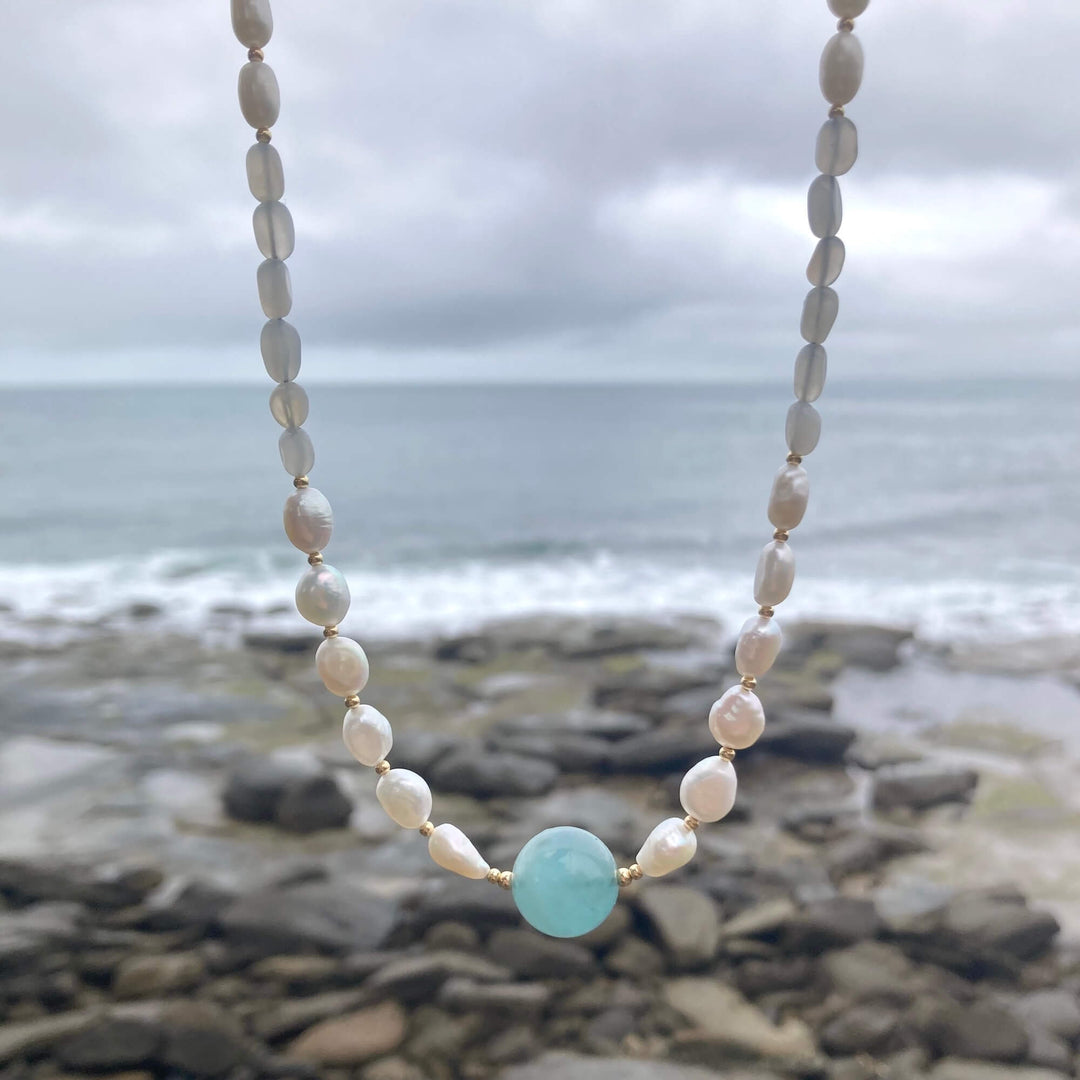 One Of A Kind Atlantis Aquamarine, Moonstone & Pearl Gold Necklace