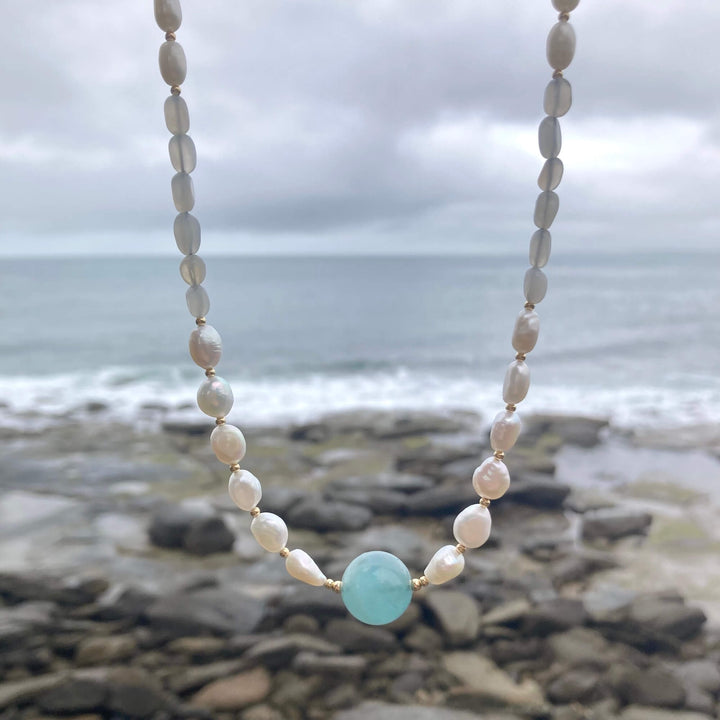 One Of A Kind Atlantis Aquamarine, Moonstone & Pearl Gold Necklace