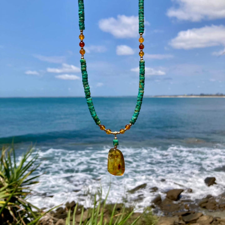 African Turquoise & Amber Gold Pendant Necklace