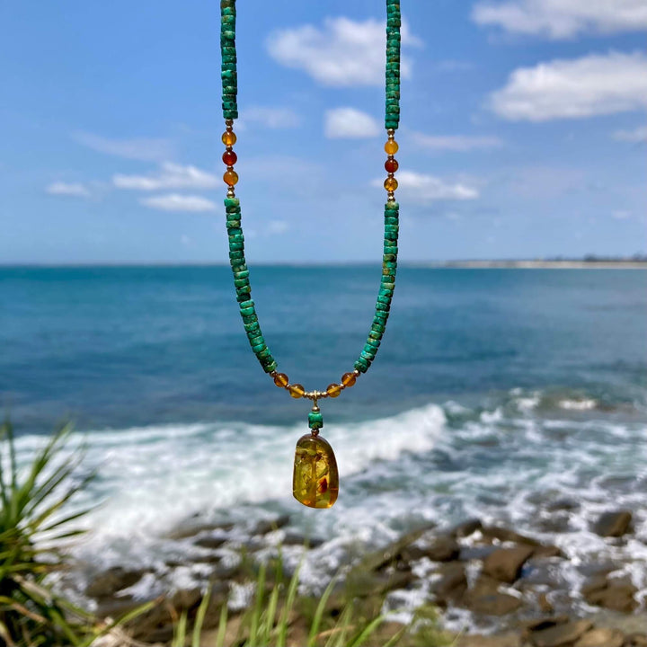 African Turquoise & Amber Gold Pendant Necklace