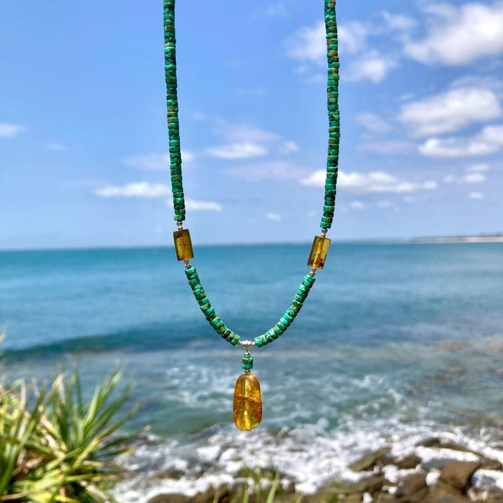African Turquoise & Amber Pendant Necklace
