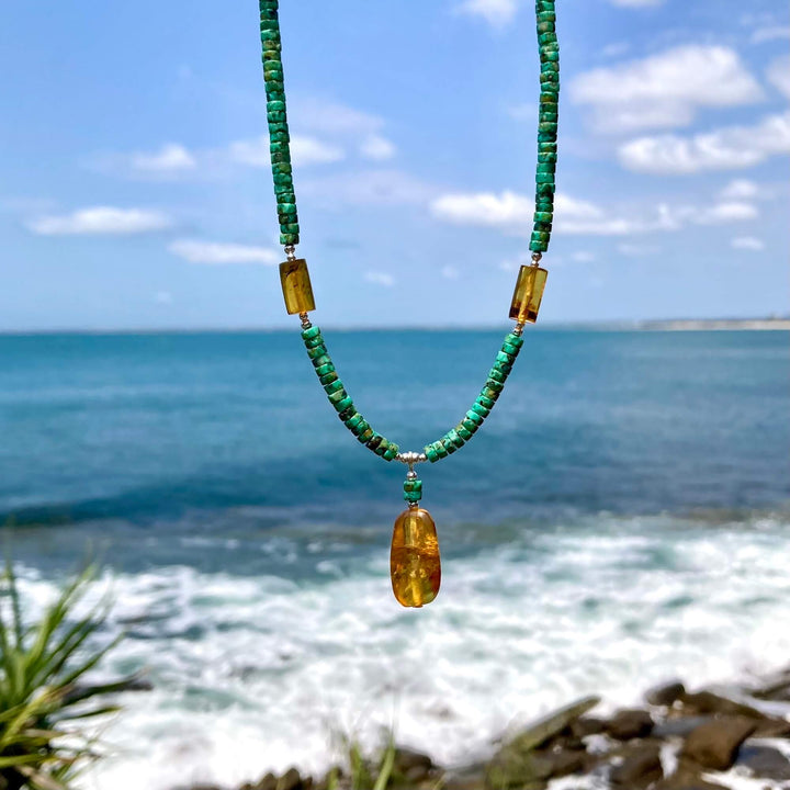African Turquoise & Amber Pendant Necklace