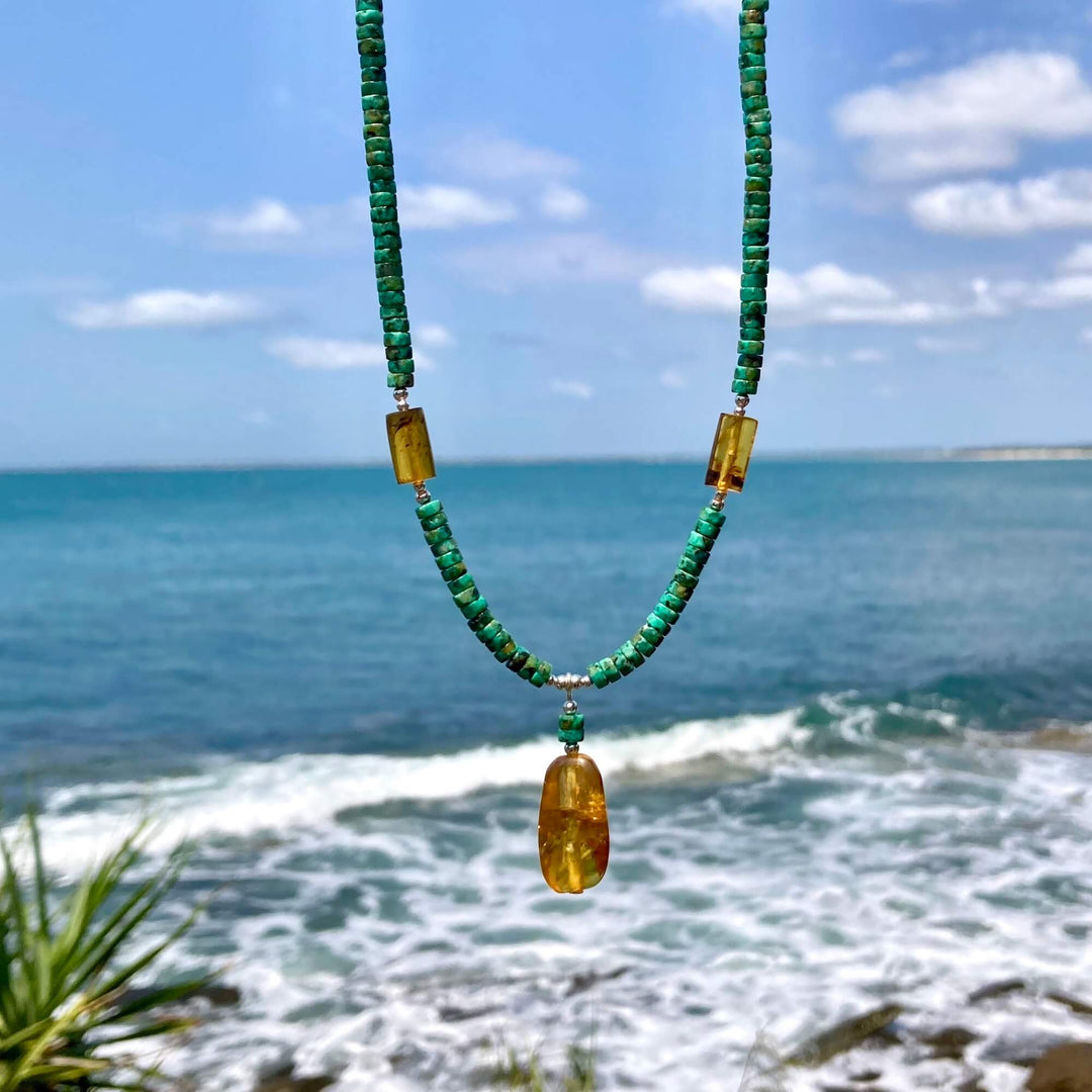 African Turquoise & Amber Pendant Necklace