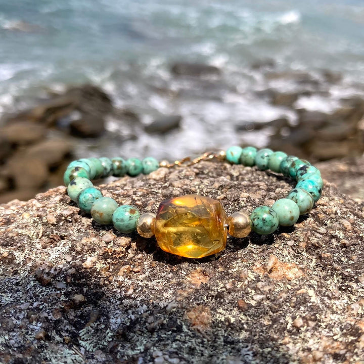 African Turquoise & Amber Gold Bracelet
