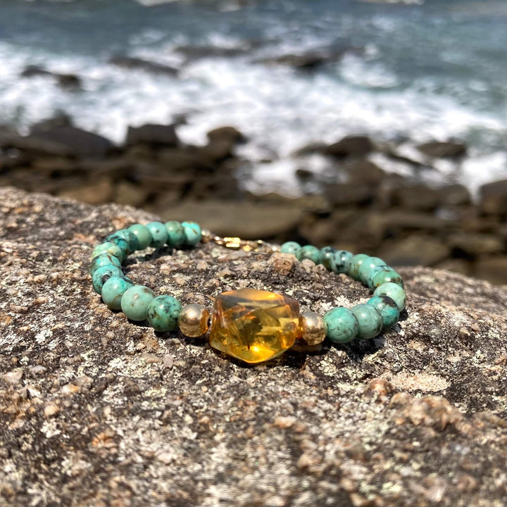 African Turquoise & Amber Gold Bracelet
