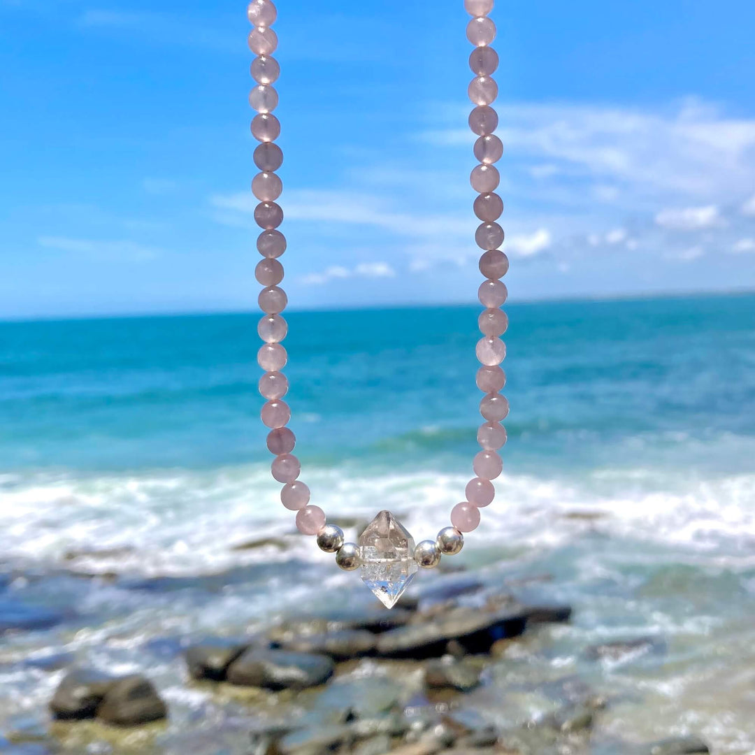 Rose Quartz and Herkimer Diamond Heart Purpose One Of A Kind Necklace
