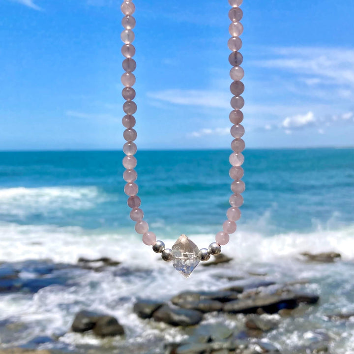 Rose Quartz and Herkimer Diamond Heart Purpose One Of A Kind Necklace