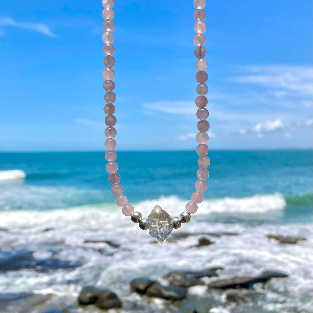 Rose Quartz and Herkimer Diamond Heart Purpose One Of A Kind Necklace