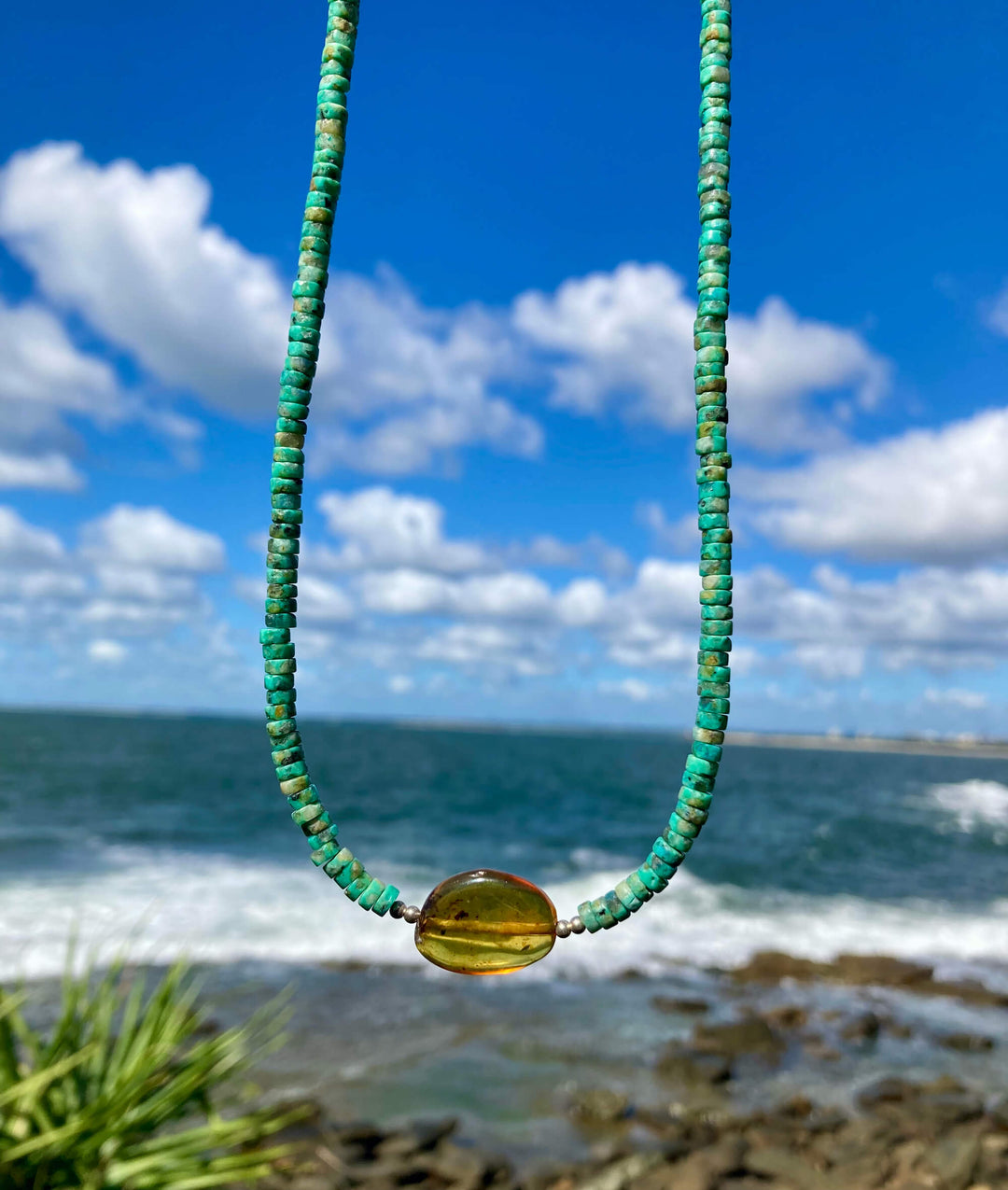 African Turquoise & Amber Pendant Necklace