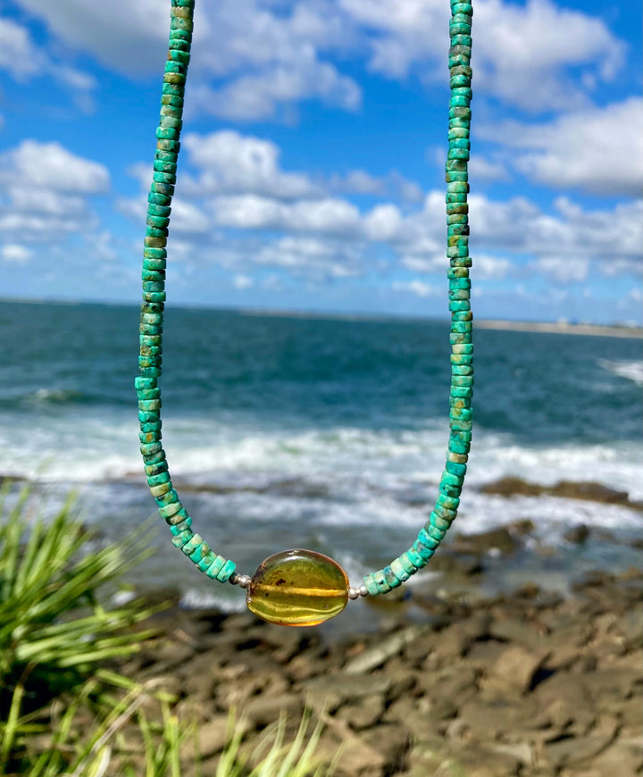 African Turquoise & Amber Pendant Necklace