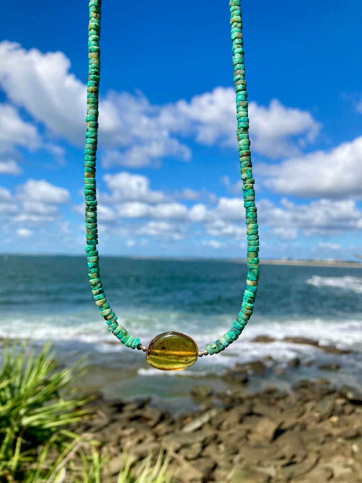 African Turquoise & Amber Pendant Necklace