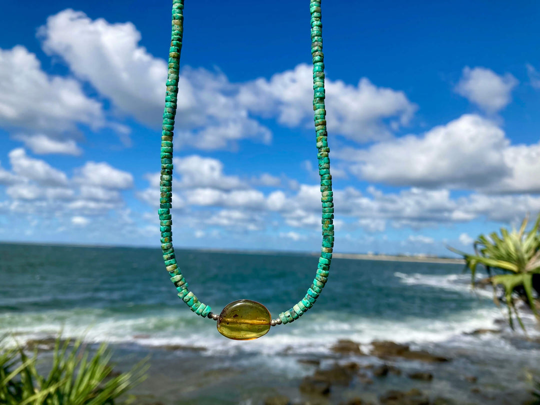 African Turquoise & Amber Pendant Necklace