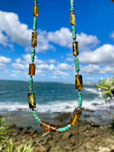 African Turquoise & Amber Long Necklace