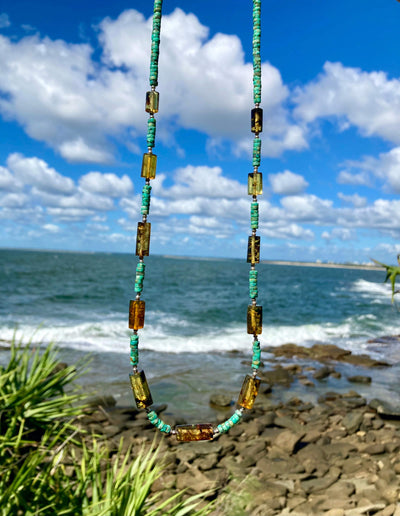 African Turquoise & Amber Long Necklace