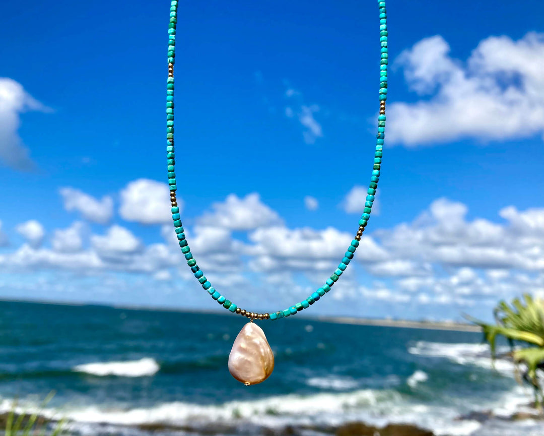 Turquoise and Tear Drop Pearl Gold Necklace