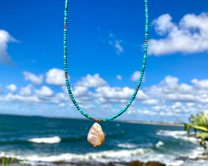 Turquoise and Tear Drop Pearl Gold Necklace