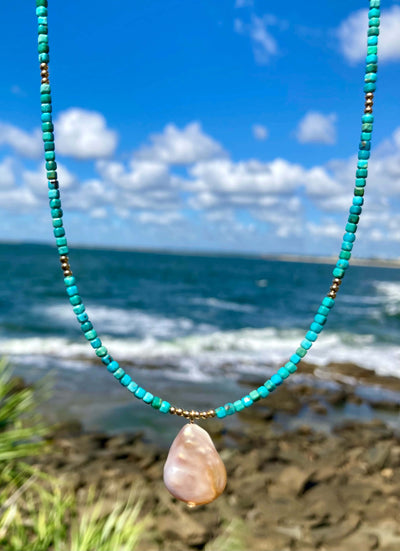 Turquoise and Tear Drop Pearl Gold Necklace