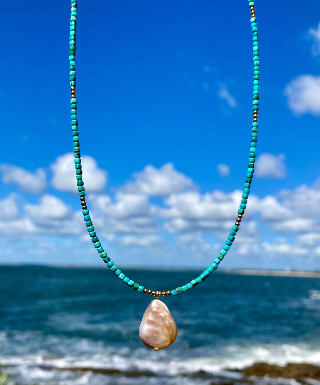 Turquoise and Tear Drop Pearl Gold Necklace