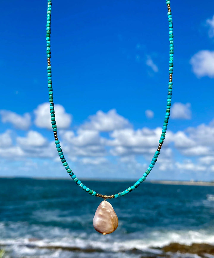 Turquoise and Tear Drop Pearl Gold Necklace