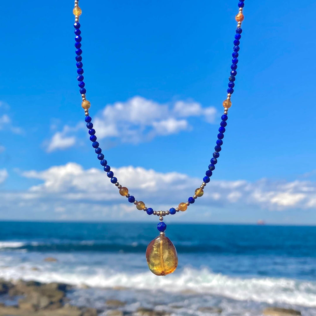 Amber & Lapis Lazuli Gold Necklace
