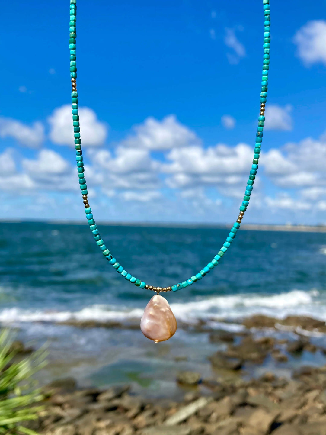 Turquoise and Tear Drop Pearl Gold Necklace