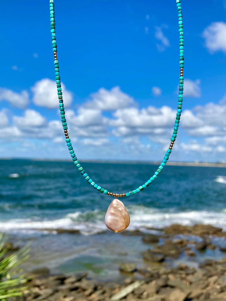 Turquoise and Tear Drop Pearl Gold Necklace